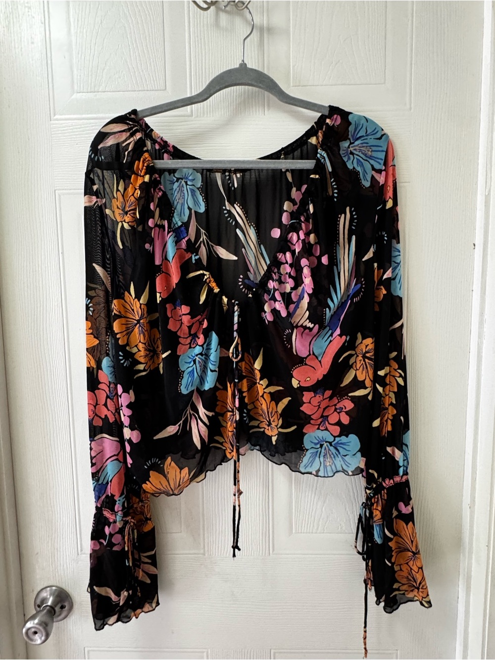 Free People Black Floral Tie-Front Peasant Blouse